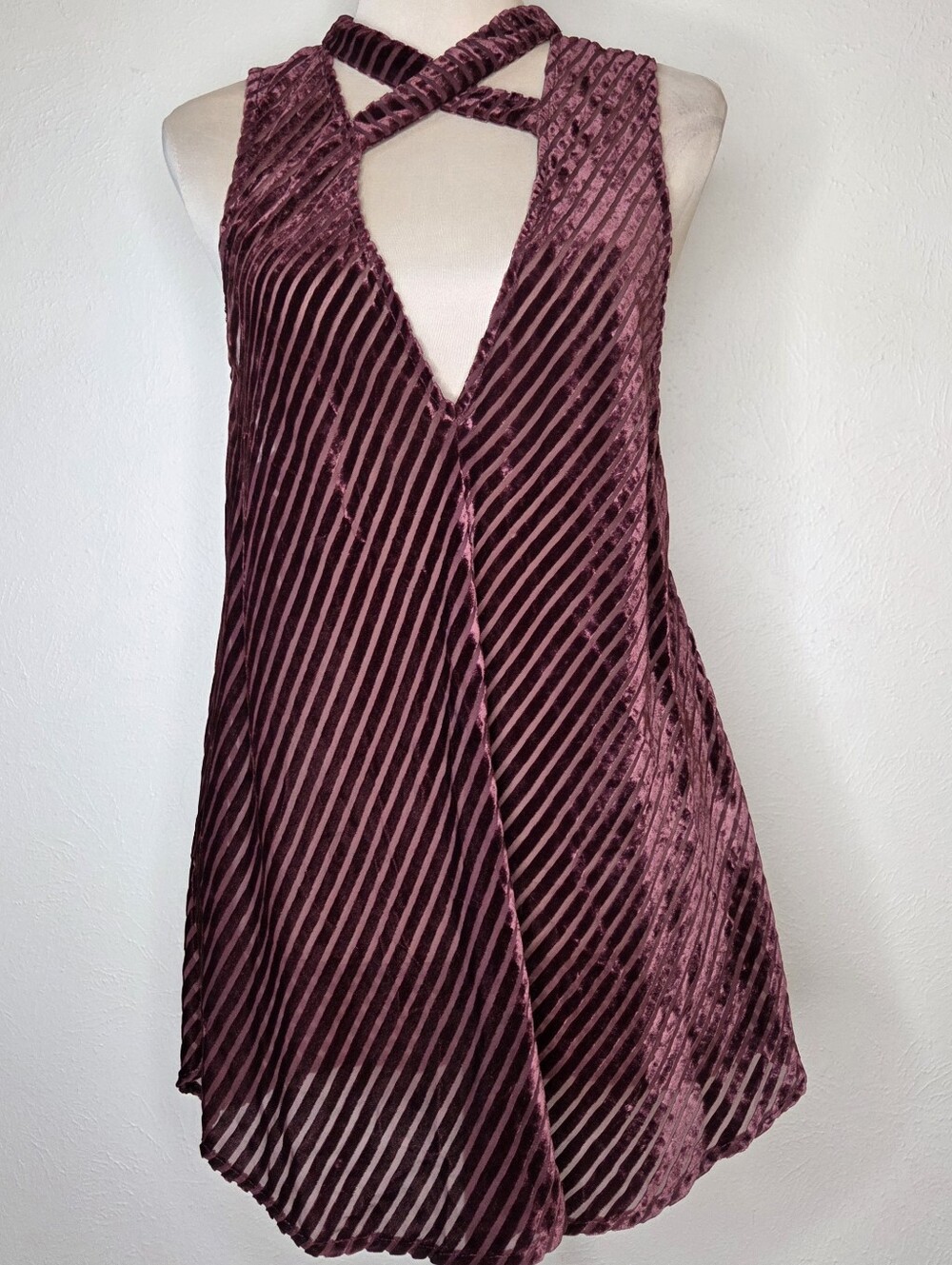 Silence + Noise Chloe Maroon Velvet Burnout Cross Neck Tank Top Mesh Large